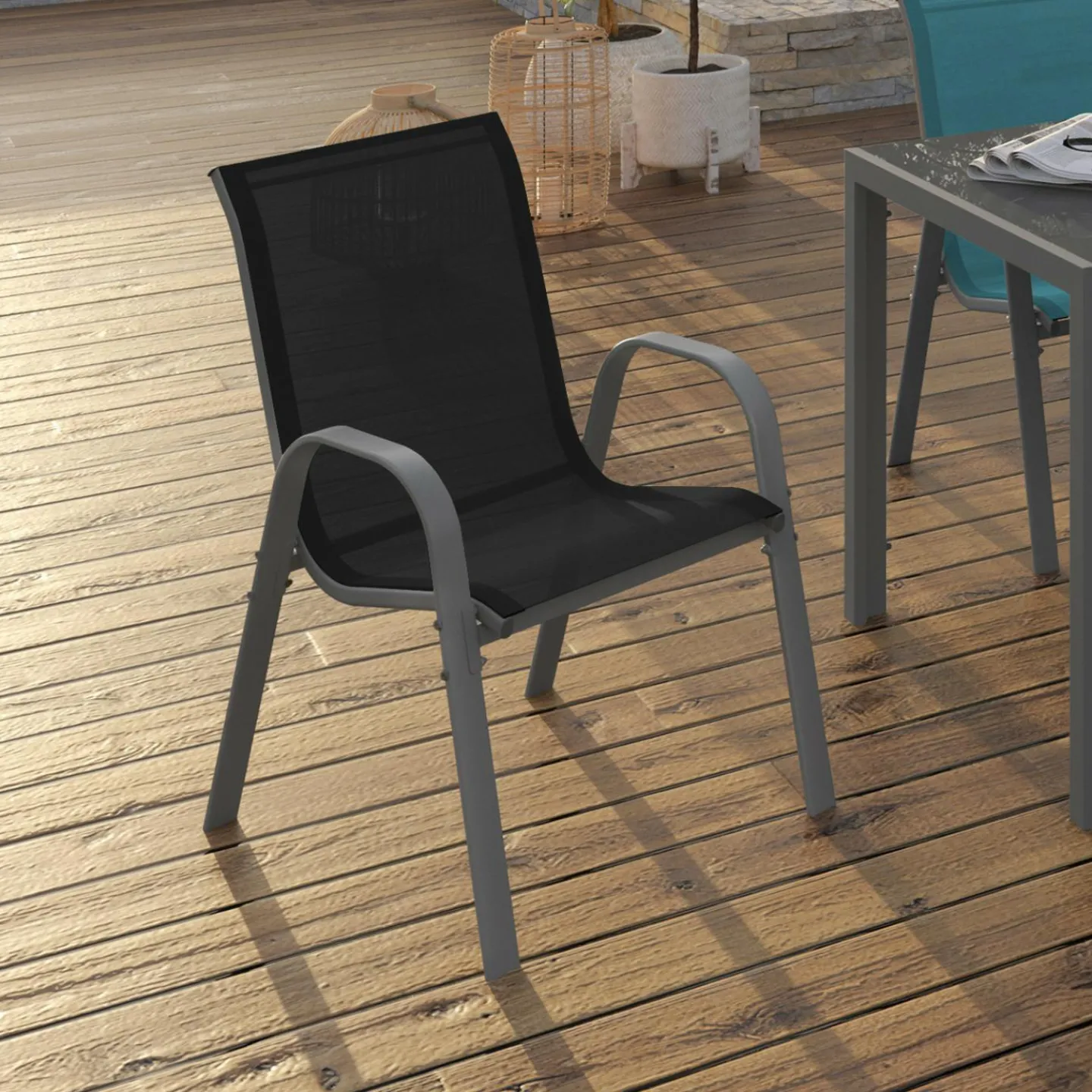 4 chaises de jardin en métal et textilène gris, noir et bleu*IDMarket