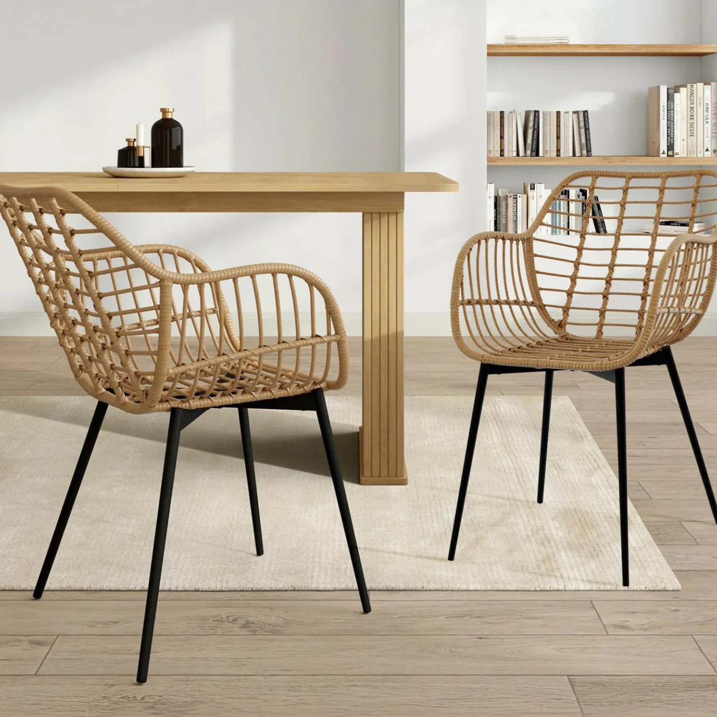 2 fauteuils de table effet rotin et pied métal noir*IDMarket Outlet