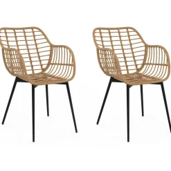 2 fauteuils de table effet rotin et pied métal noir*IDMarket Outlet