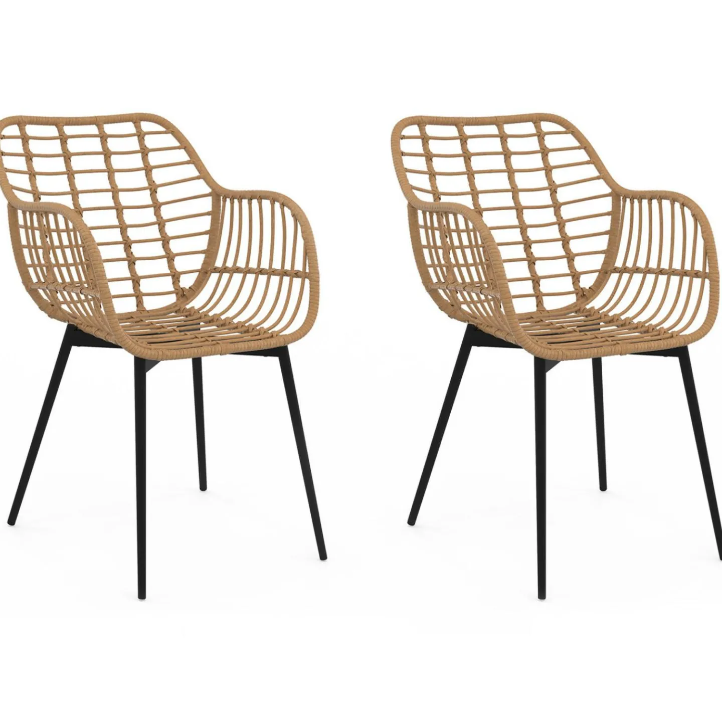 2 fauteuils de table effet rotin et pied métal noir*IDMarket Outlet