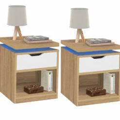 2 tables de chevet à LEDS tiroir et niche bois façon hêtre et blanc*IDMarket