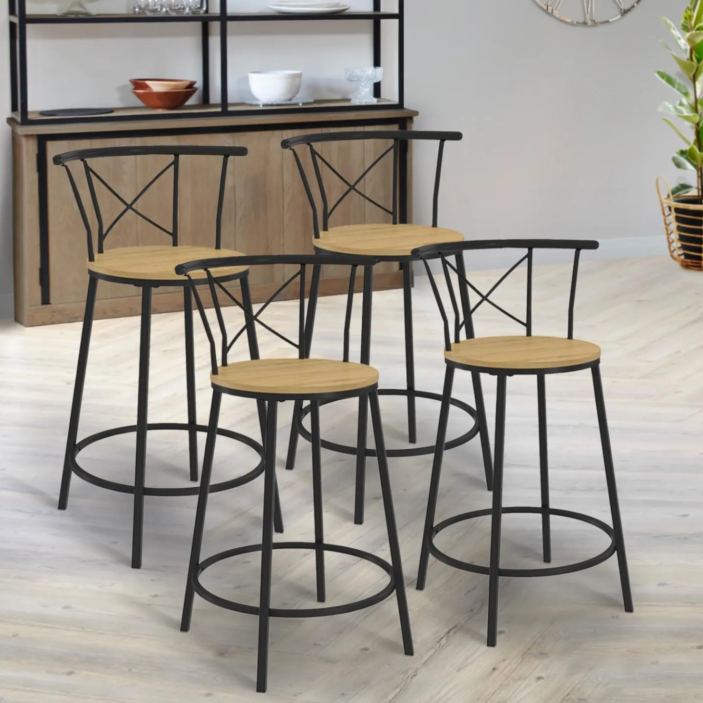 4 tabourets de bar industriel avec dossier arrondi*IDMarket New
