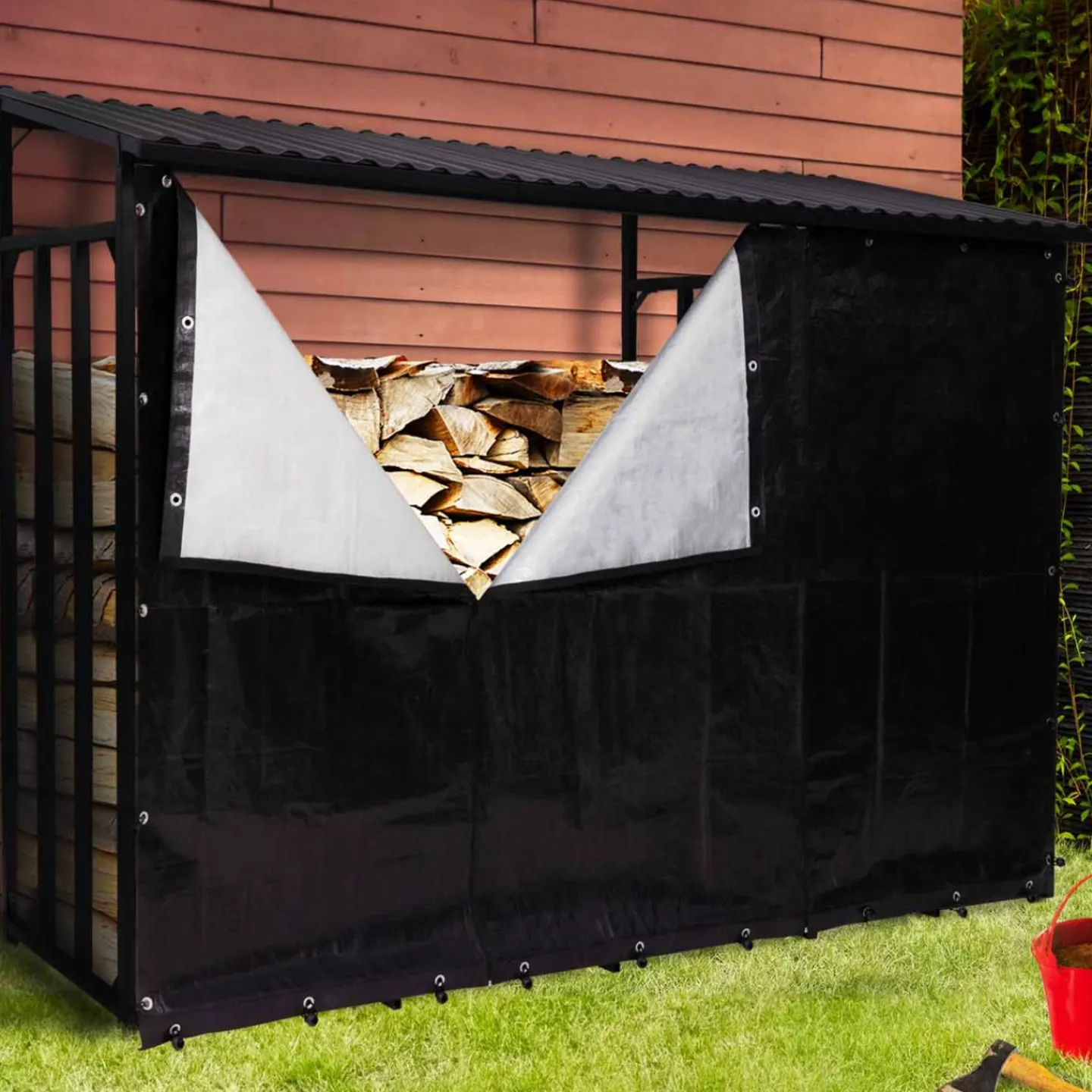 Abri bois de chauffage en acier galvanisé avec housse de protection*IDMarket New