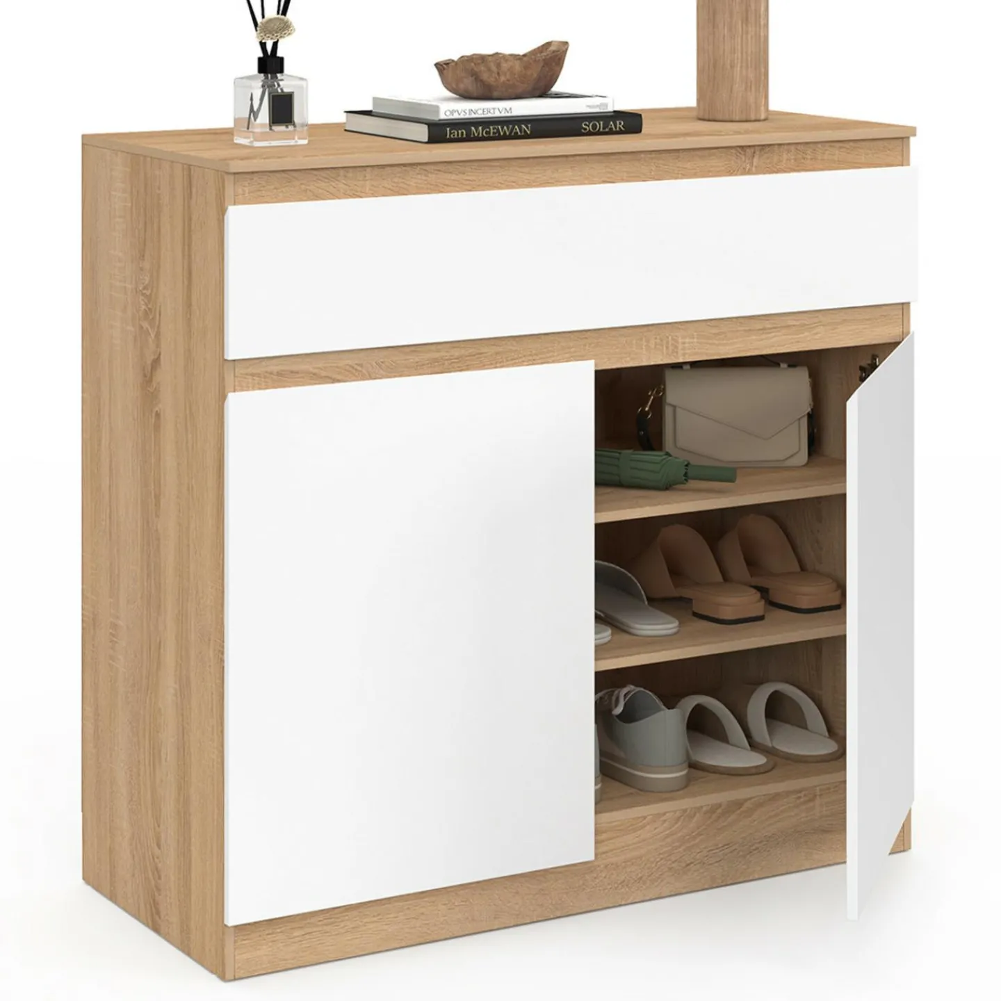 Armoire à chaussures 12 paires 2 portes 1 tiroir blanc et effet bois*IDMarket Online