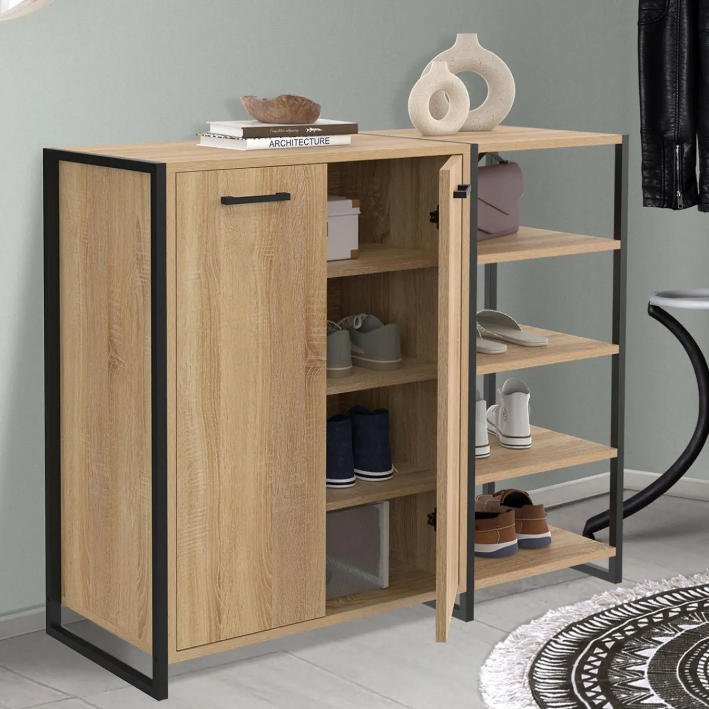 Armoire à chaussures design industriel 12 paires 2 portes et 4 étagères*IDMarket Online