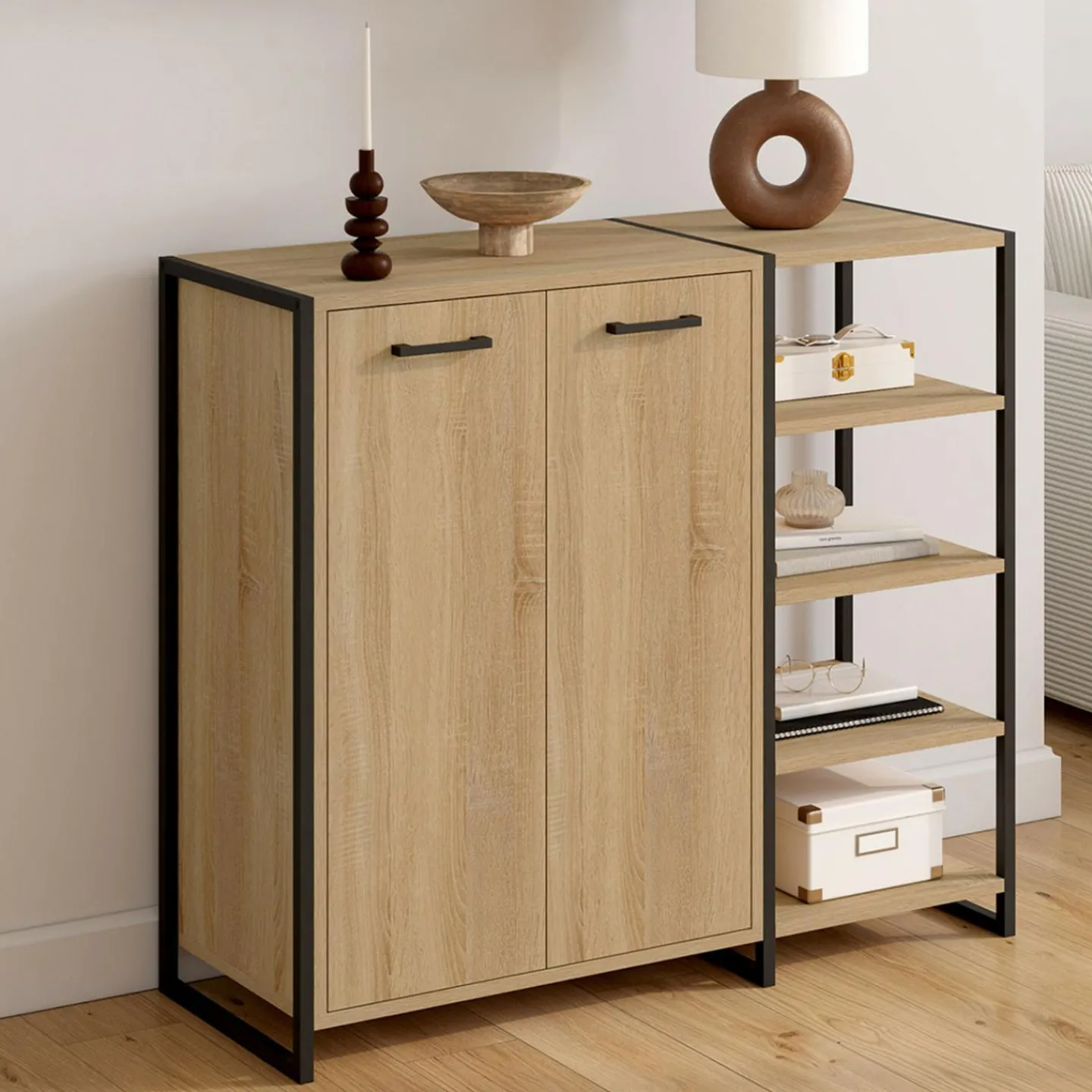 Armoire à chaussures design industriel 12 paires 2 portes et 4 étagères*IDMarket Online