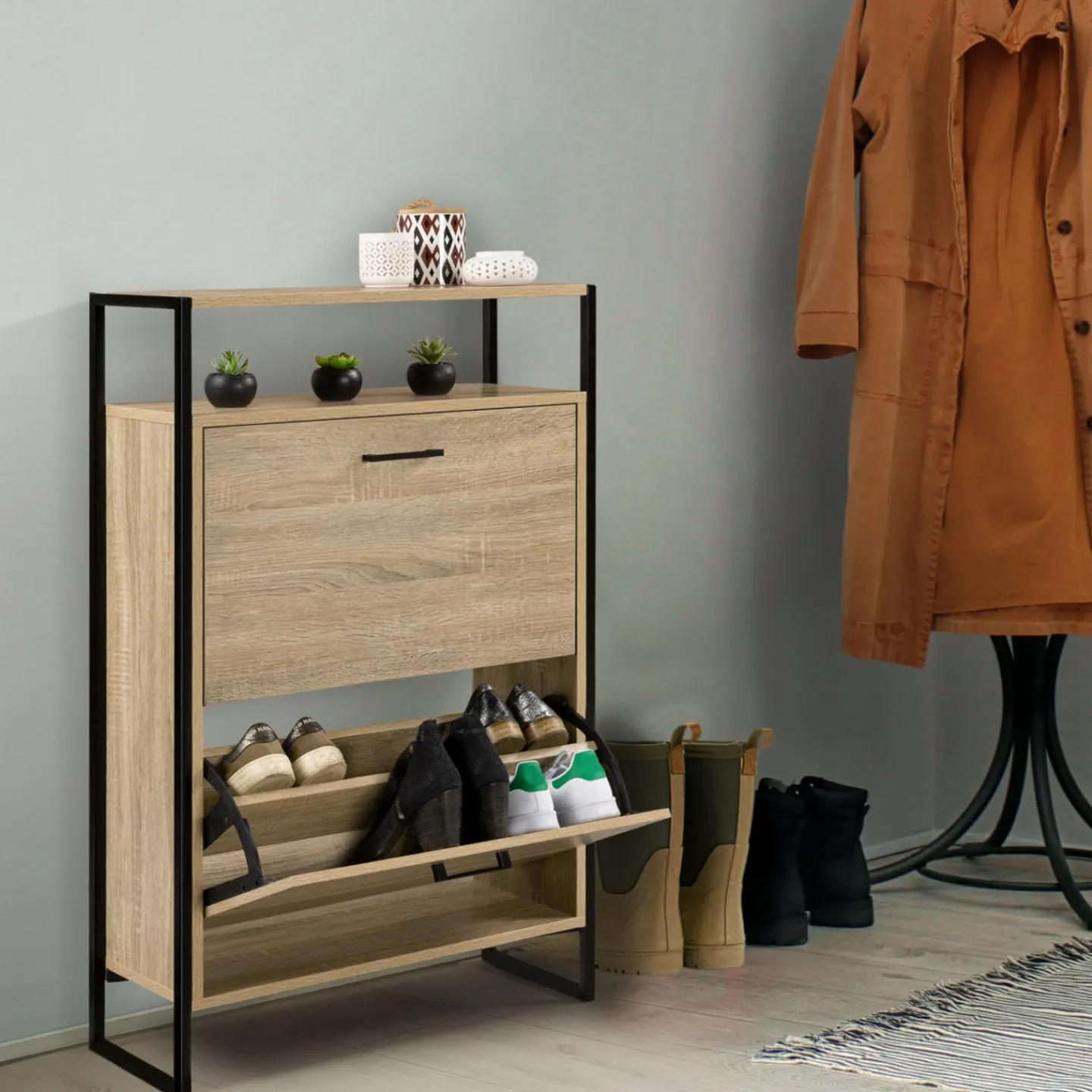 Armoire à chaussures industrielle avec étagère bois et métal*IDMarket Online