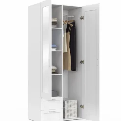 Armoire 2 portes blanche penderie avec miroir et 2 tiroirs 80 cm*IDMarket Best