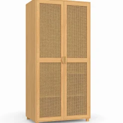 Armoire 2 portes cannage et bois penderie 80 cm avec étagères de rangement*IDMarket Online
