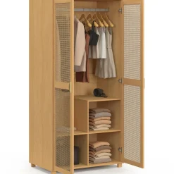 Armoire 2 portes cannage et bois penderie 80 cm avec étagères de rangement*IDMarket Online