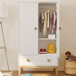 Armoire 2 portes et tiroir blanc et bois pour enfant*IDMarket Best