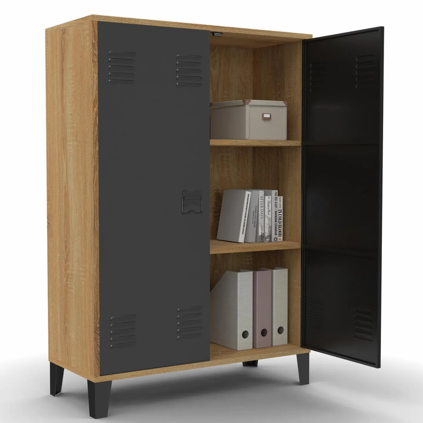 Armoire basse industrielle 2 portes métal noir et contour bois*IDMarket Best