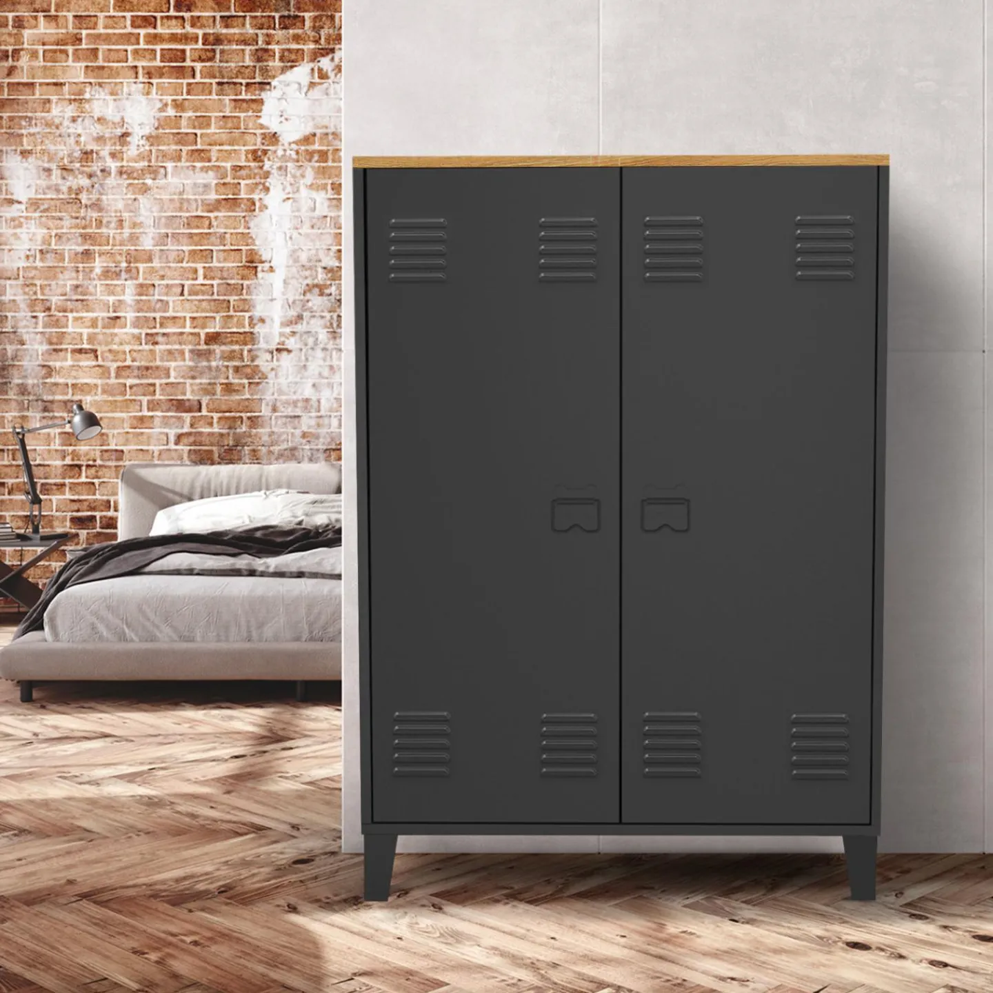 Armoire basse industrielle 2 portes métal noir et plateau bois*IDMarket New