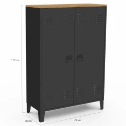 Armoire basse industrielle 2 portes métal noir et plateau bois*IDMarket New