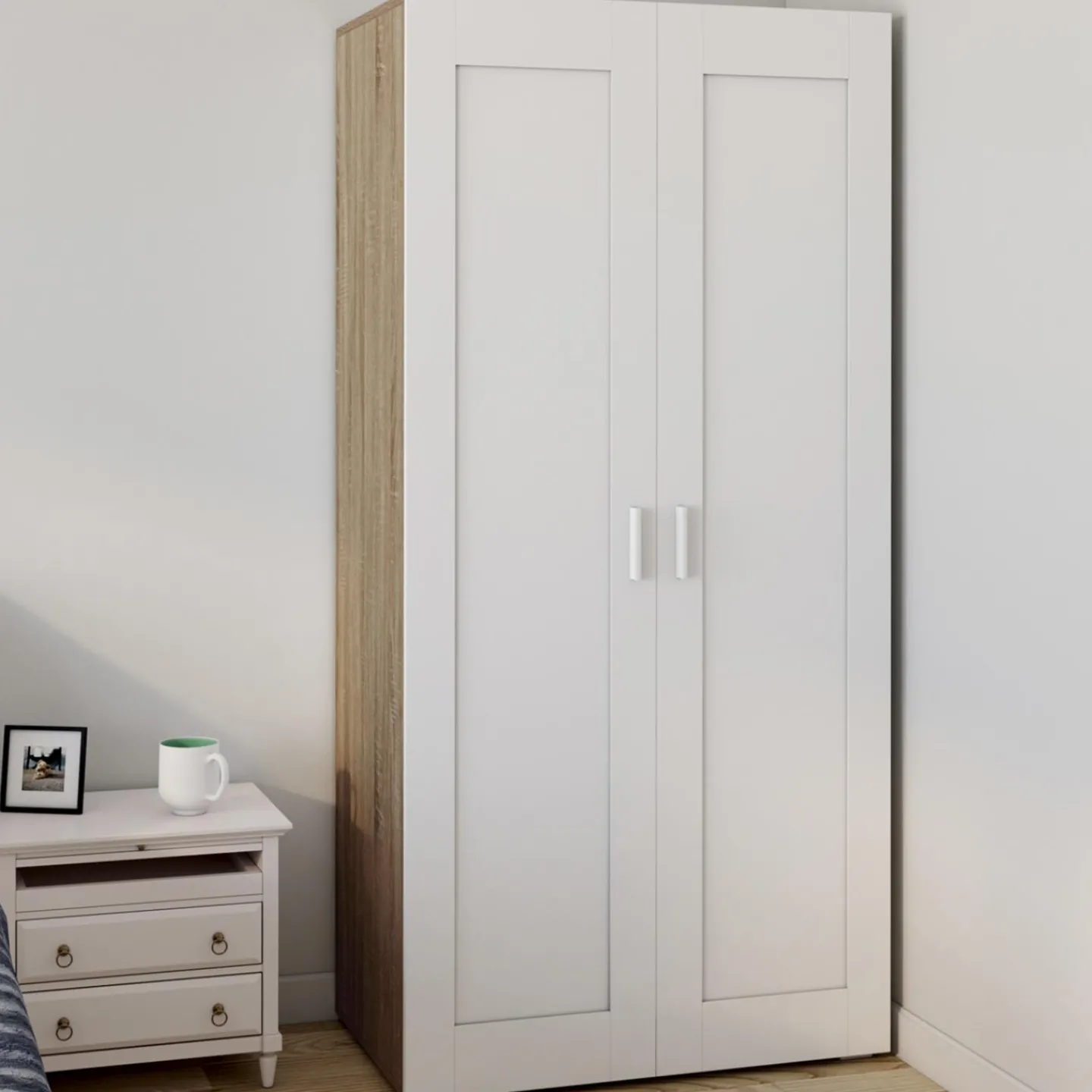 Armoire blanc et bois 2 portes et étagères*IDMarket