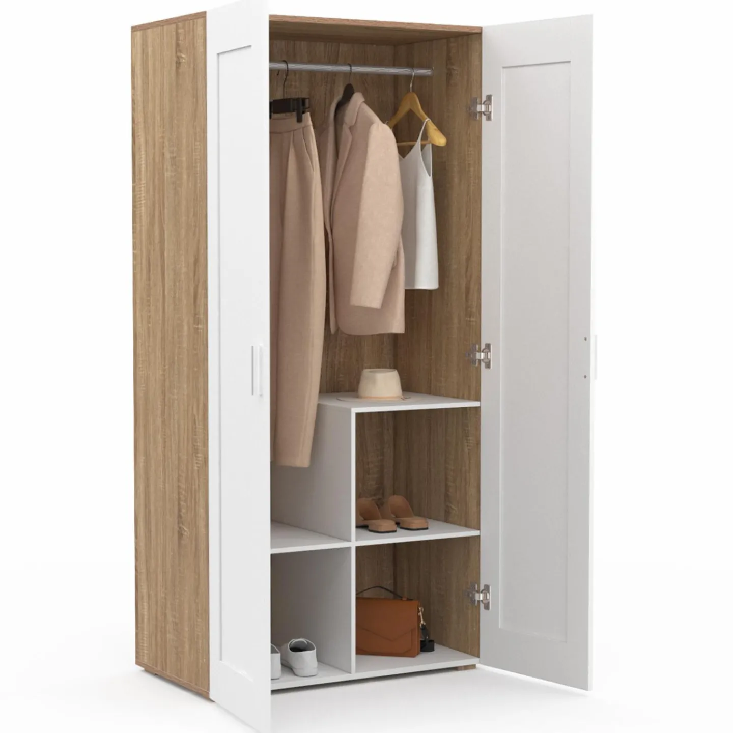 Armoire blanc et bois 2 portes et étagères*IDMarket