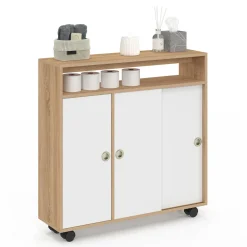 Armoire d'appoint meuble de rangement à roulettes salle de bain structure hêtre plateau blanc*IDMarket Hot