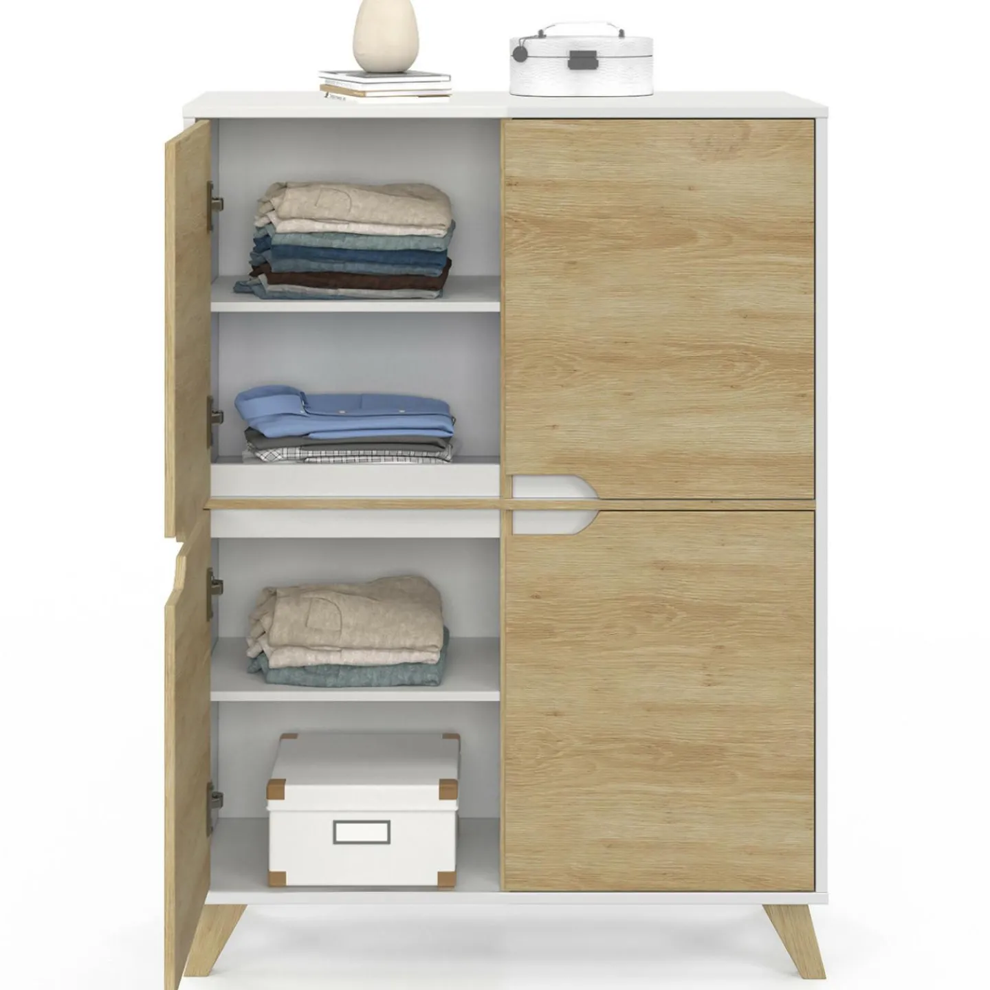 Armoire de rangement scandinave avec 4 portes blanc et bois*IDMarket Online
