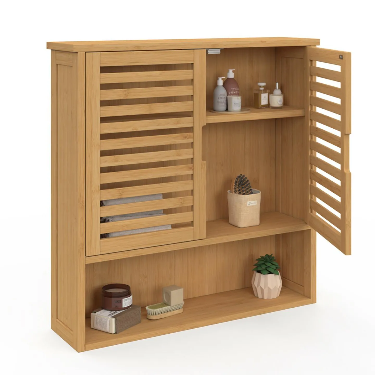 Armoire de salle de bain murale en bambou 2 portes et étagère*IDMarket Outlet