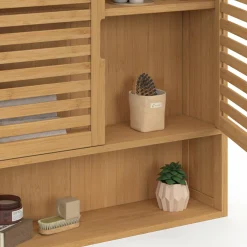 Armoire de salle de bain murale en bambou 2 portes et étagère*IDMarket Outlet