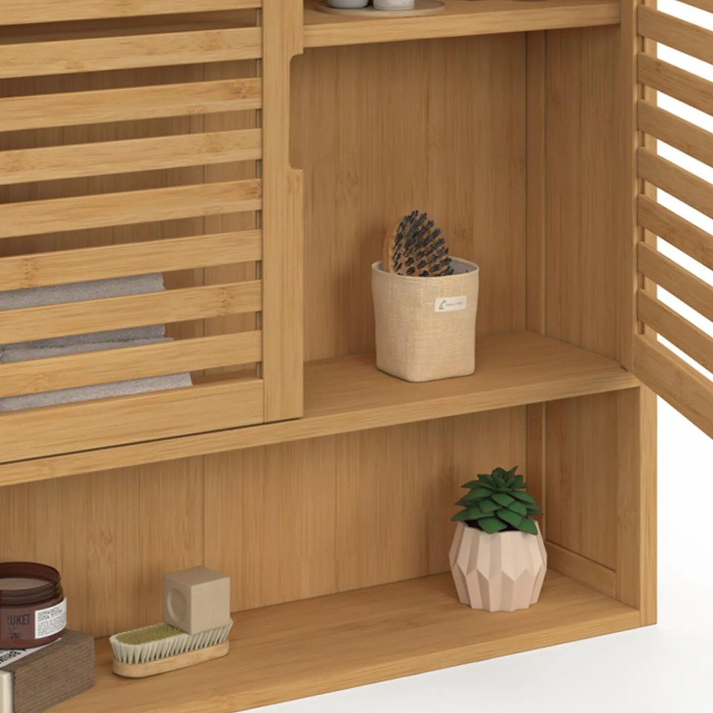 Armoire de salle de bain murale en bambou 2 portes et étagère*IDMarket Outlet