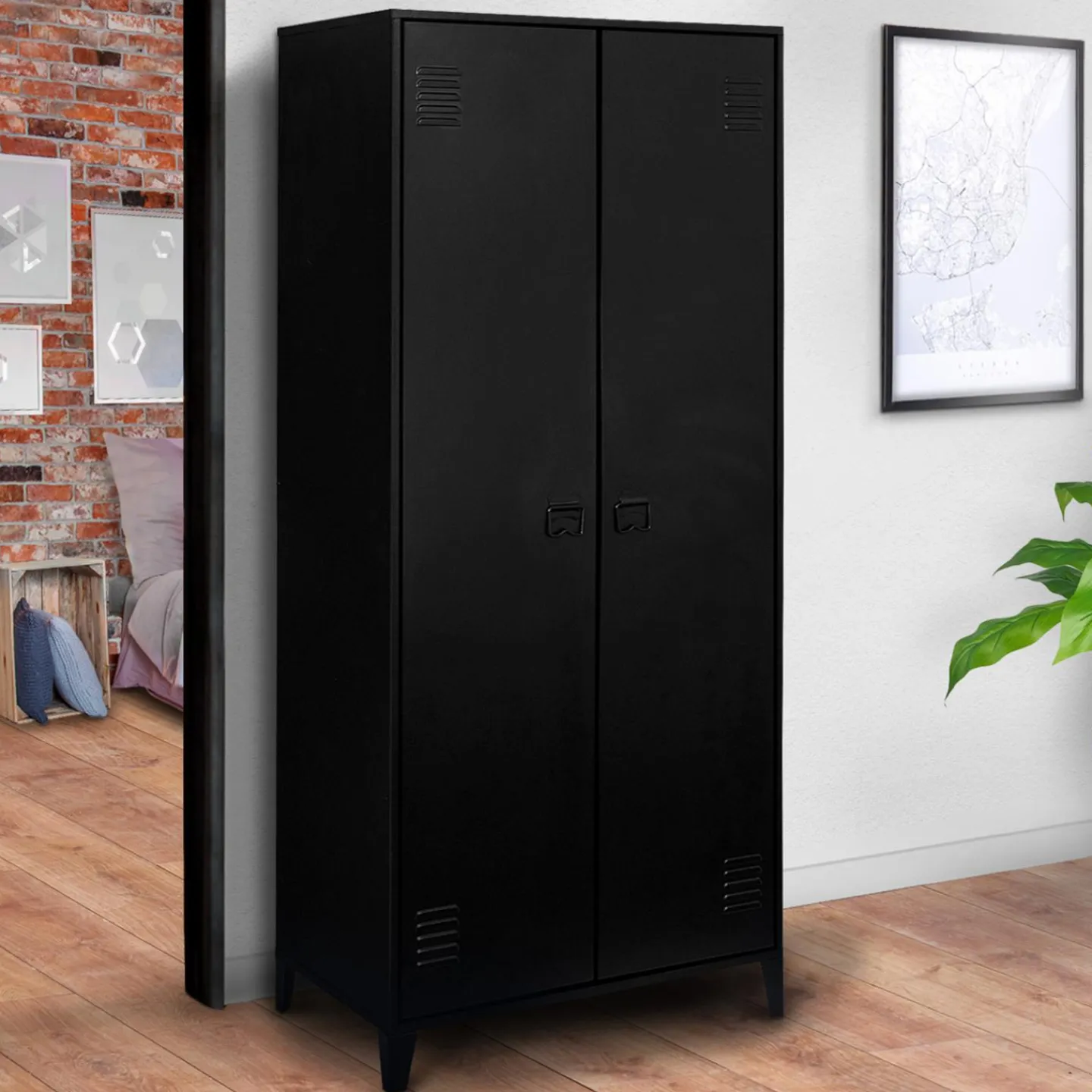 Armoire vestiaire métal noir avec 2 portes*IDMarket Outlet