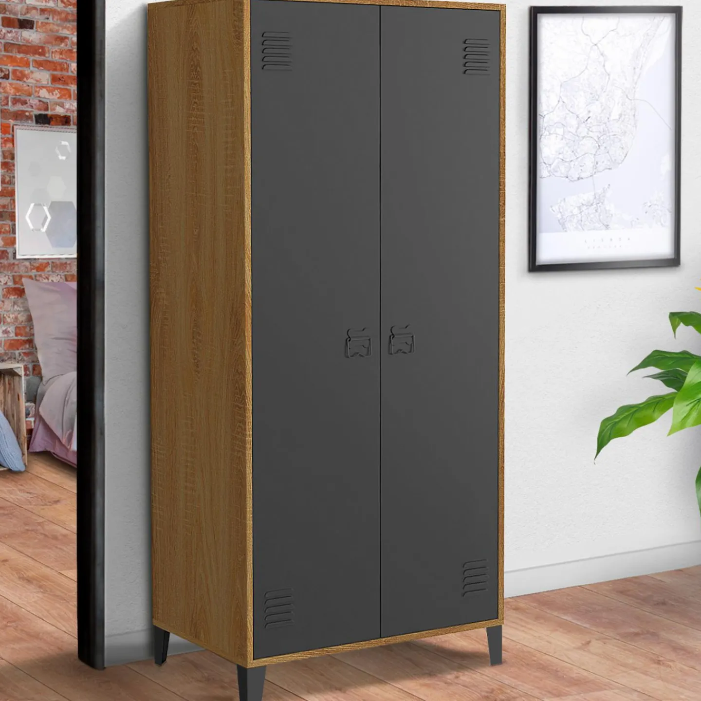 Armoire vestiaire penderie métal noir et bois avec 2 portes*IDMarket Discount
