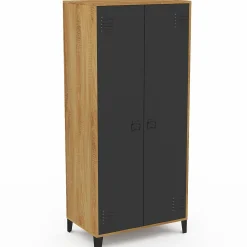 Armoire vestiaire penderie métal noir et bois avec 2 portes*IDMarket Discount