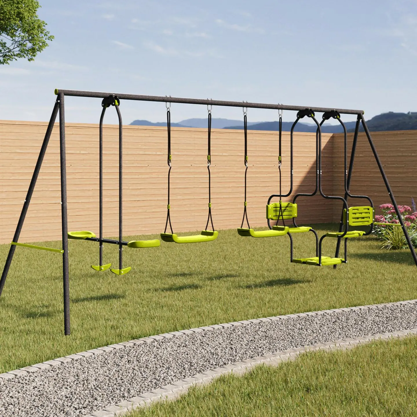 Balançoire verte avec 4 agrès pour 6 enfants*IDMarket Outlet