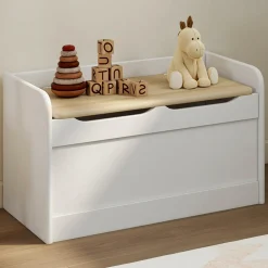 Banc coffre de rangement enfant 60 cm en bois blanc et hêtre*IDMarket Discount