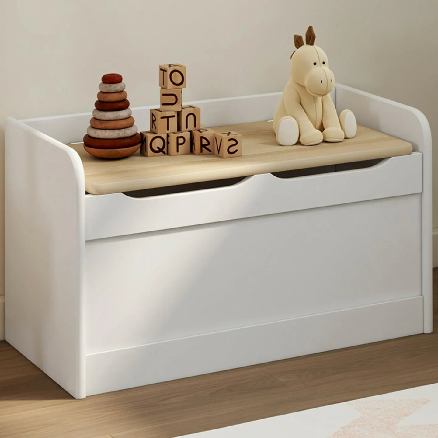 Banc coffre de rangement enfant 60 cm en bois blanc et hêtre*IDMarket Discount