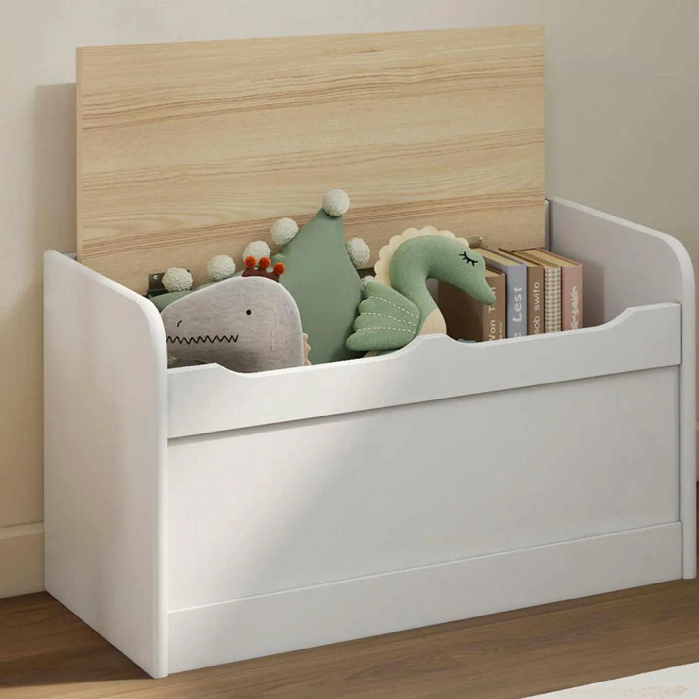 Banc coffre de rangement enfant 60 cm en bois blanc et hêtre*IDMarket Discount