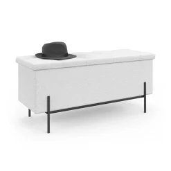 Banc coffre rangement pieds métal noir 100 cm tissu bouclette blanc*IDMarket Outlet