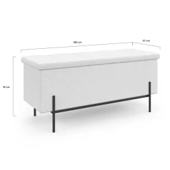 Banc coffre rangement pieds métal noir 100 cm tissu bouclette blanc*IDMarket Outlet