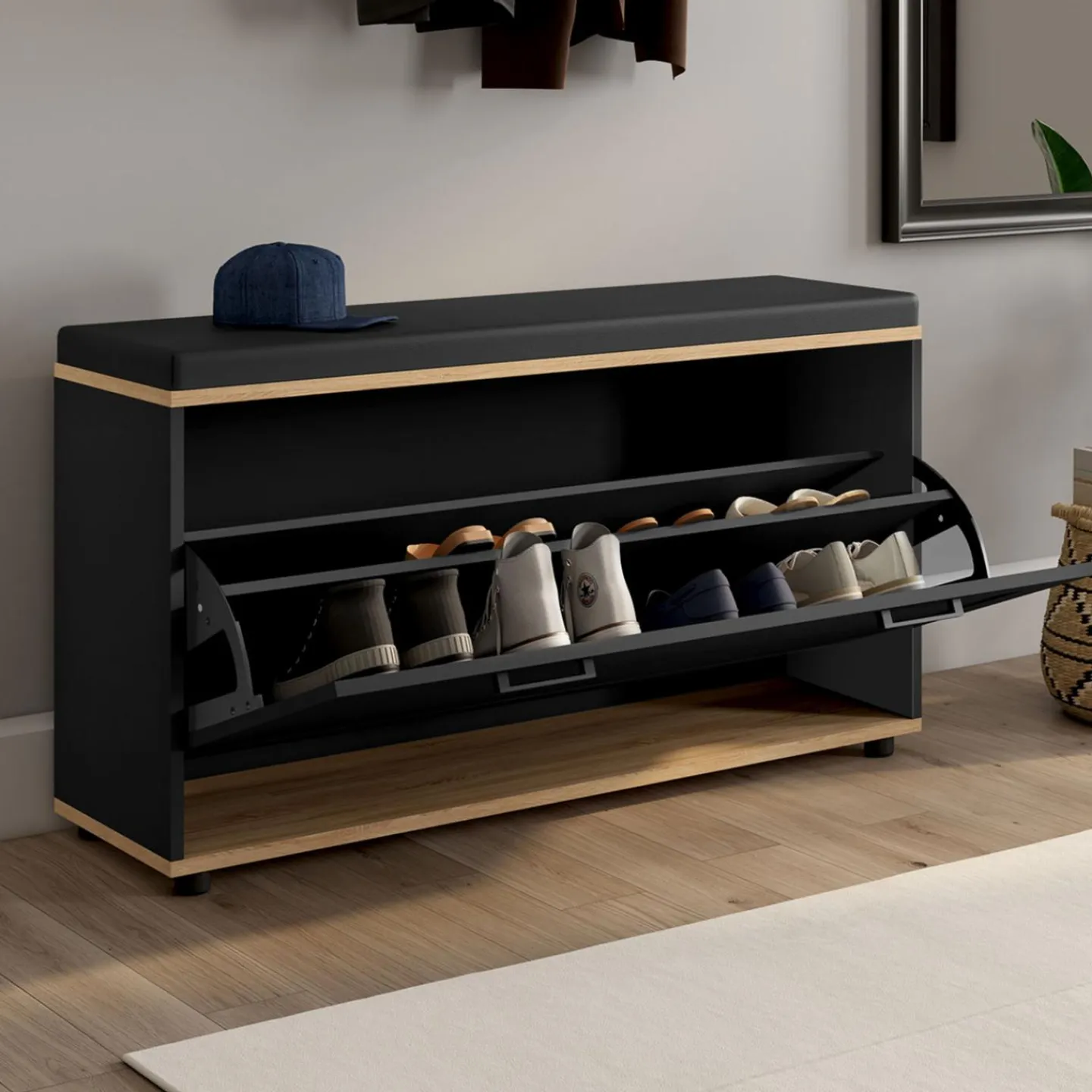 Banc d'entrée noir avec coussin et rangement chaussures*IDMarket Hot