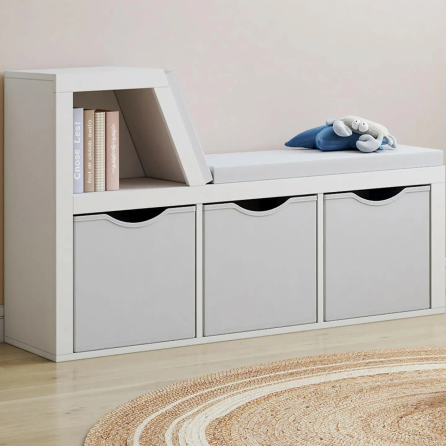 Bibliothèque banc blanche bacs en tissu*IDMarket Outlet