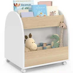 Bibliothèque enfant sur roulettes hêtre et blanc*IDMarket Online