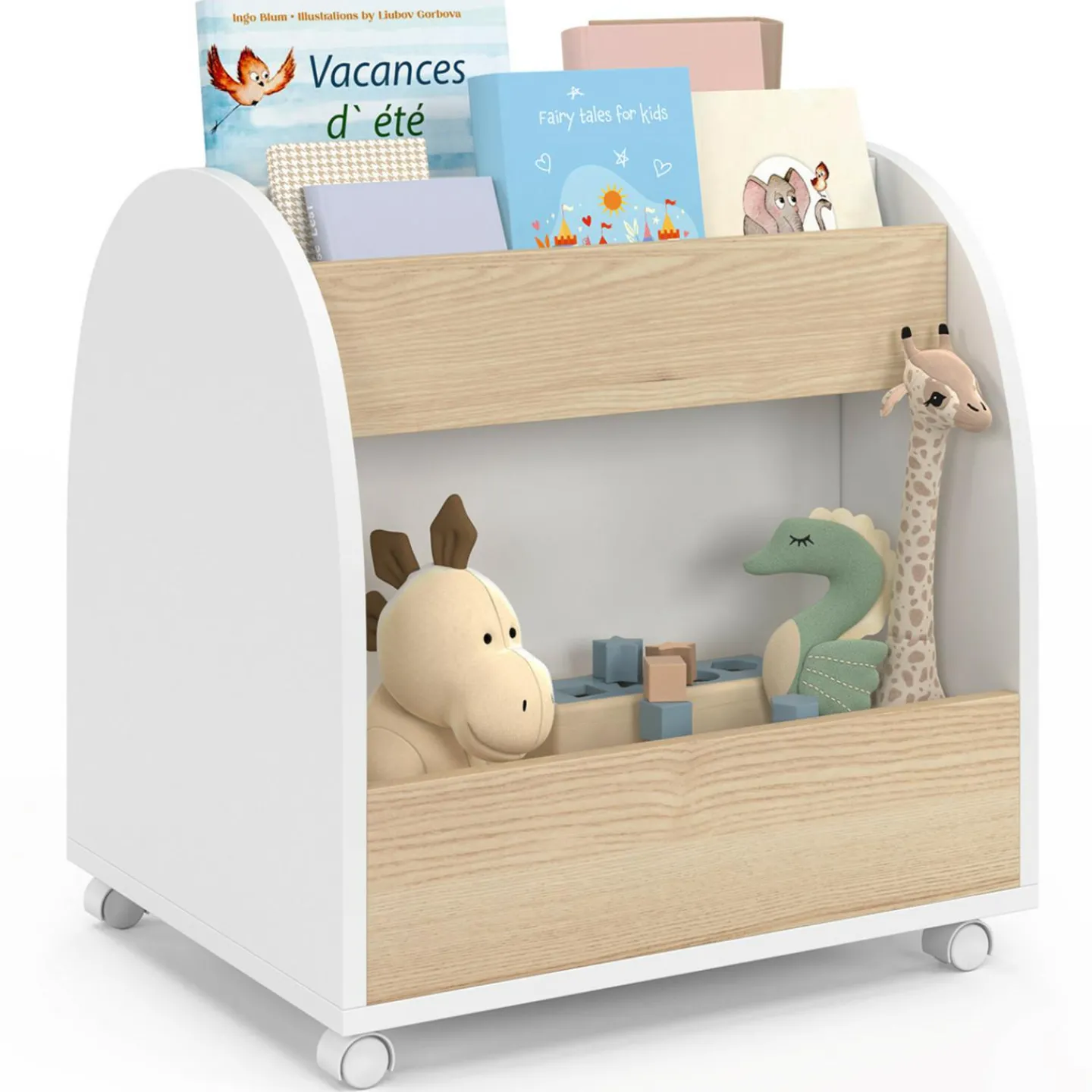 Bibliothèque enfant sur roulettes hêtre et blanc*IDMarket Online
