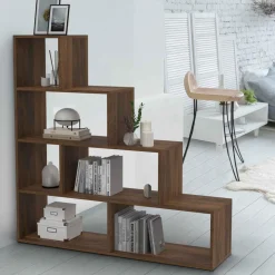 Bibliothèque escalier bois effet noyer 6 cases*IDMarket New