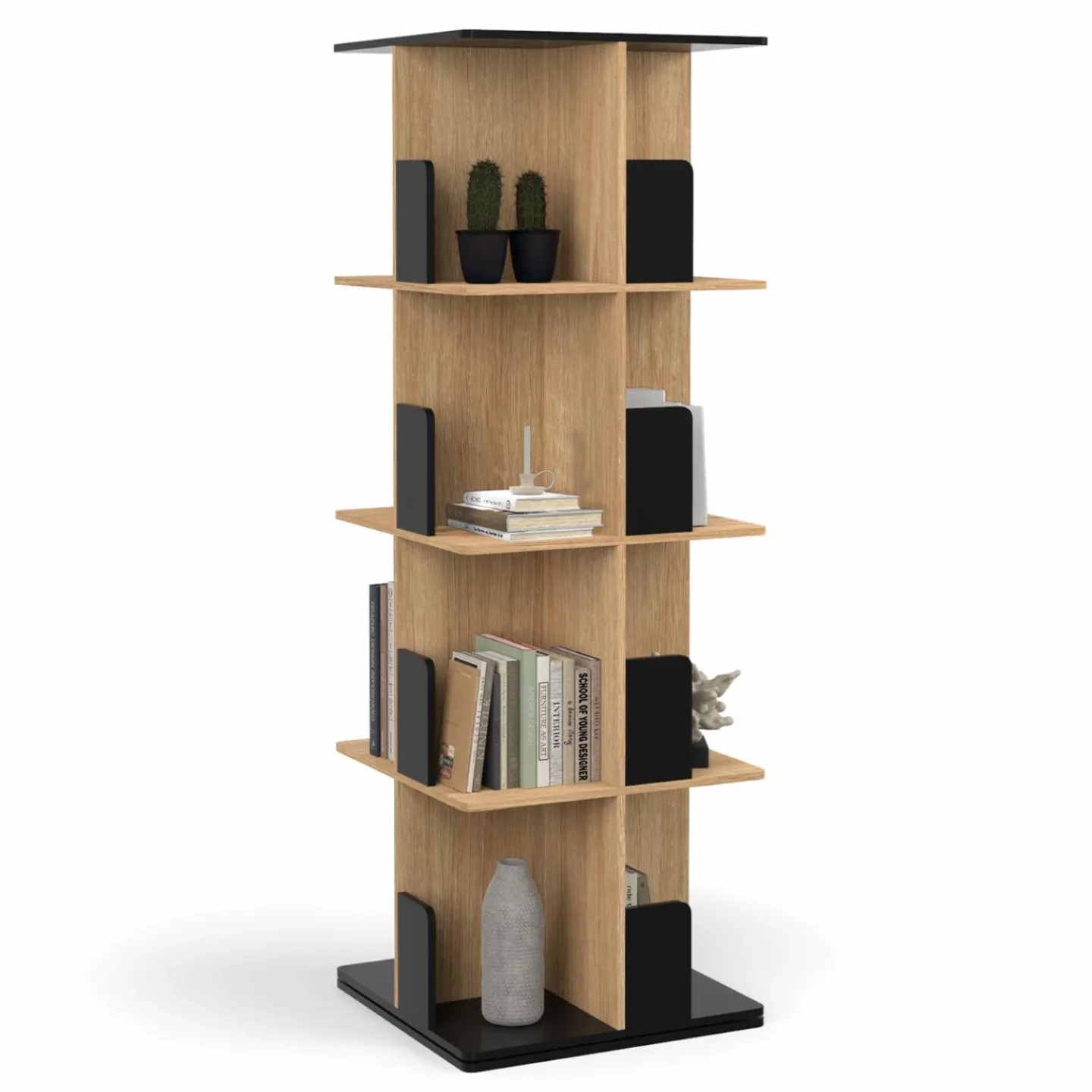 Bibliothèque rotative 4 niveaux noir et effet bois*IDMarket Sale
