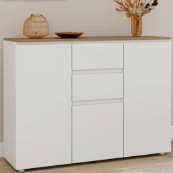 Buffet 100 cm 3 portes 2 tiroirs blanc et plateau bois*IDMarket Outlet