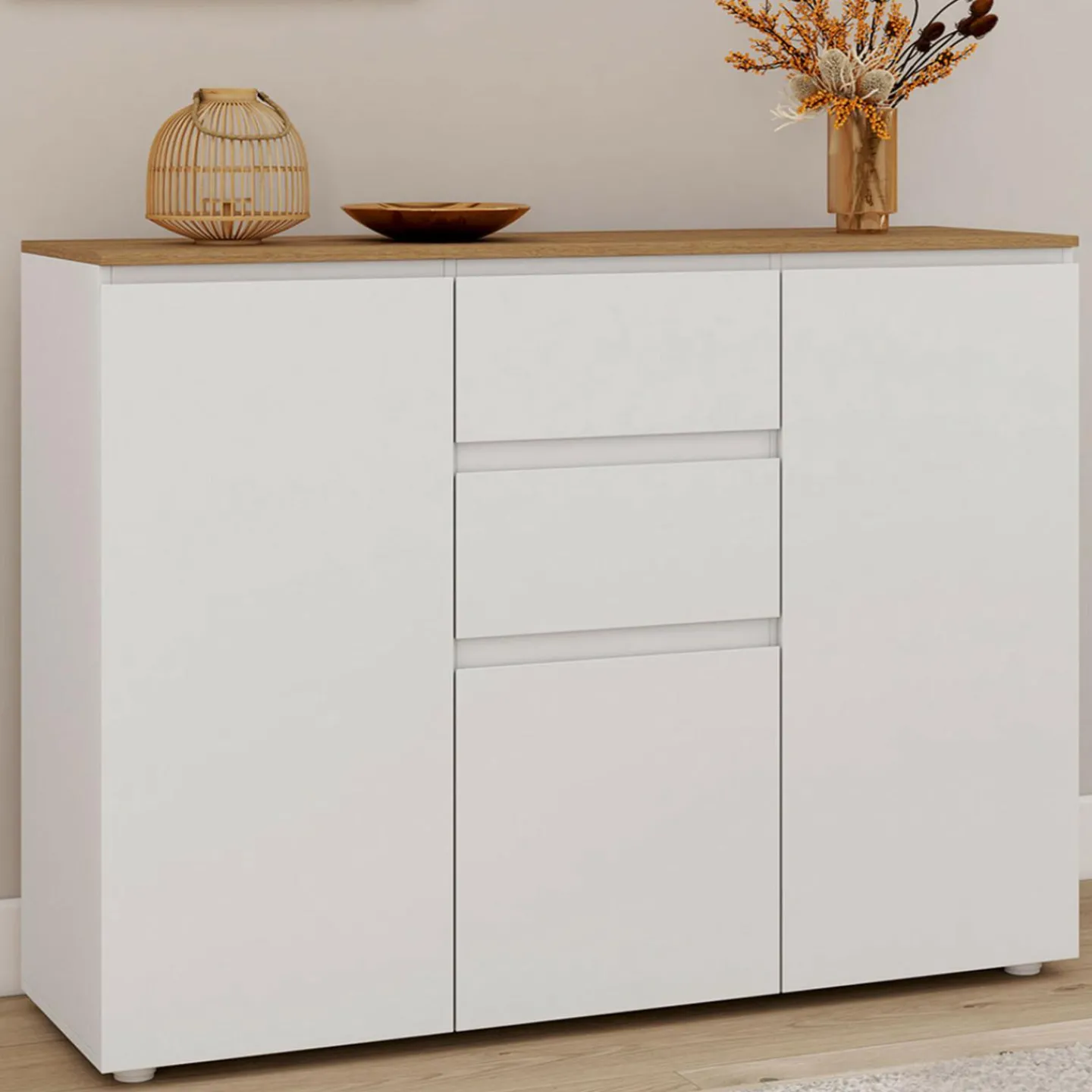 Buffet 100 cm 3 portes 2 tiroirs blanc et plateau bois*IDMarket Outlet
