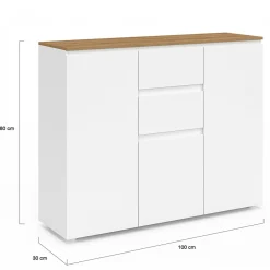 Buffet 100 cm 3 portes 2 tiroirs blanc et plateau bois*IDMarket Outlet