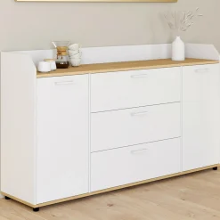 Buffet 140 cm 4 portes avec rebord blanc et plateau bois façon hêtre*IDMarket Outlet