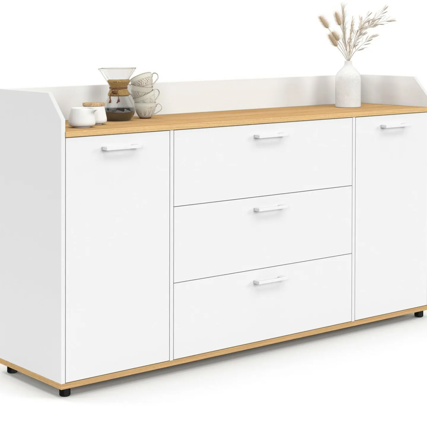 Buffet 140 cm 4 portes avec rebord blanc et plateau bois façon hêtre*IDMarket Outlet