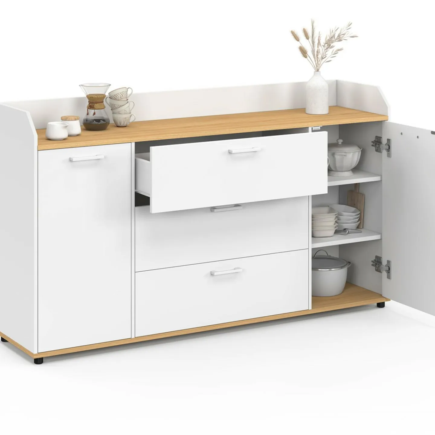 Buffet 140 cm 4 portes avec rebord blanc et plateau bois façon hêtre*IDMarket Outlet