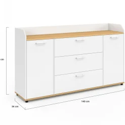 Buffet 140 cm 4 portes avec rebord blanc et plateau bois façon hêtre*IDMarket Outlet
