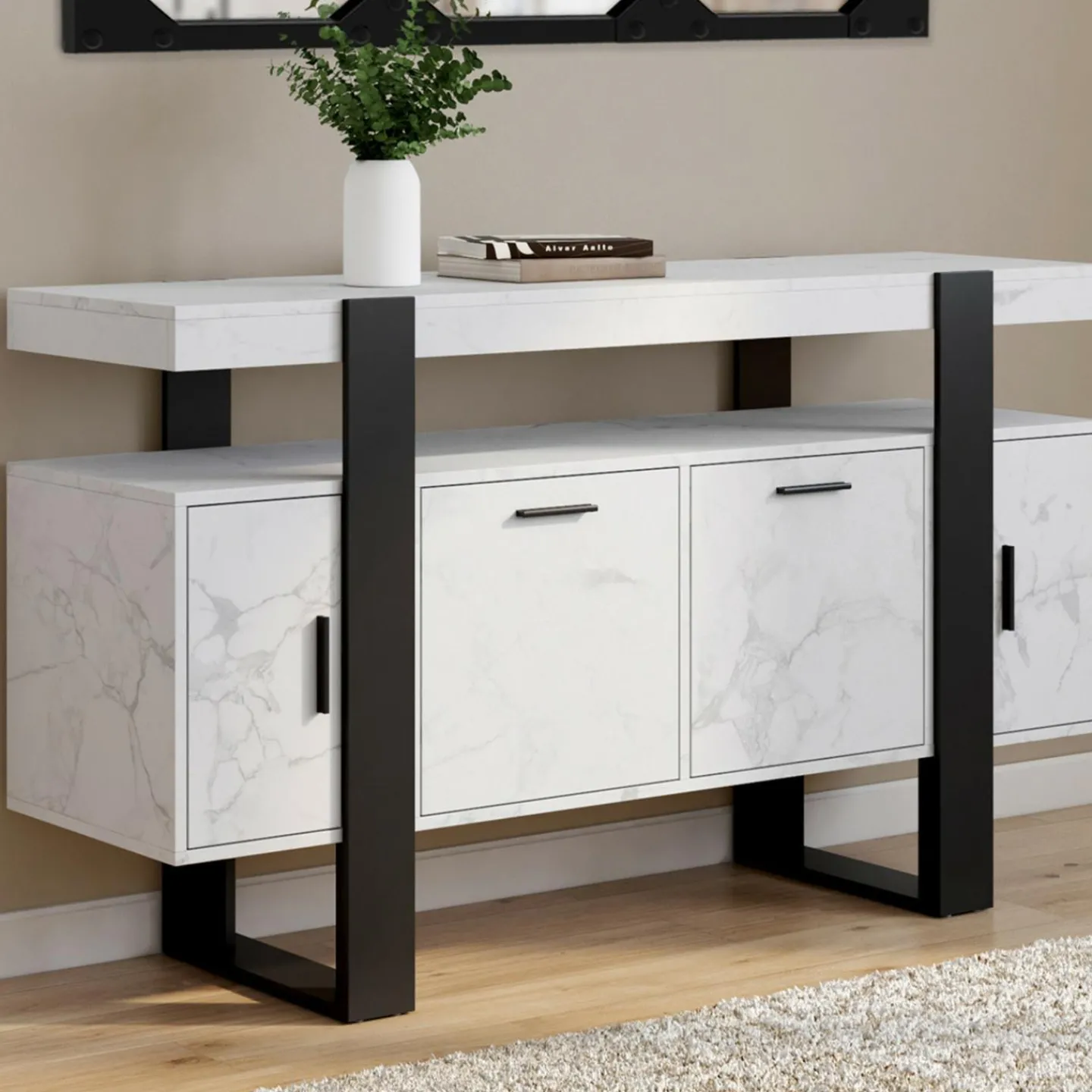 Buffet 140 cm 4 portes effet marbre blanc et noir*IDMarket Online