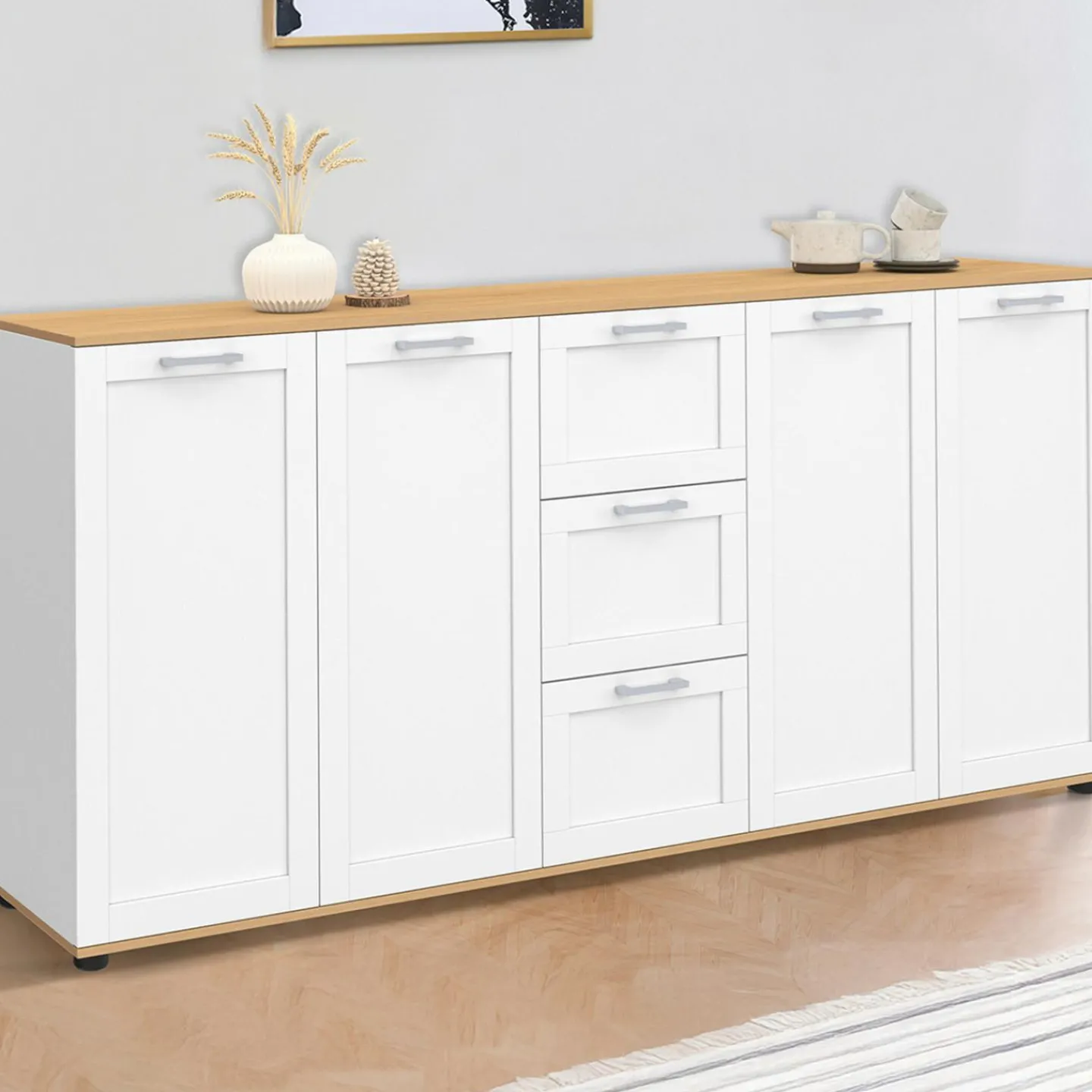 Buffet 180 cm XXL 4 portes avec 3 tiroirs bois et blanc*IDMarket Discount