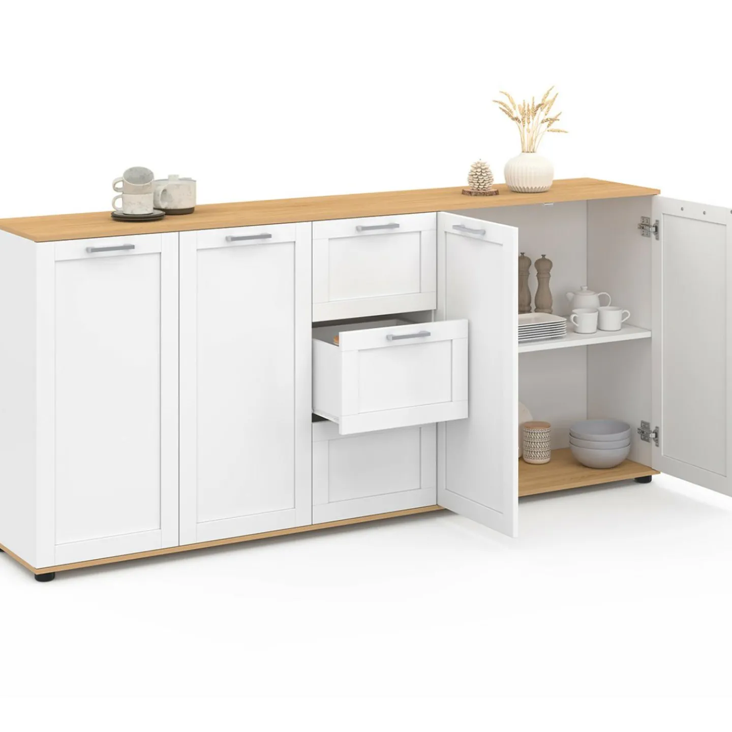 Buffet 180 cm XXL 4 portes avec 3 tiroirs bois et blanc*IDMarket Discount